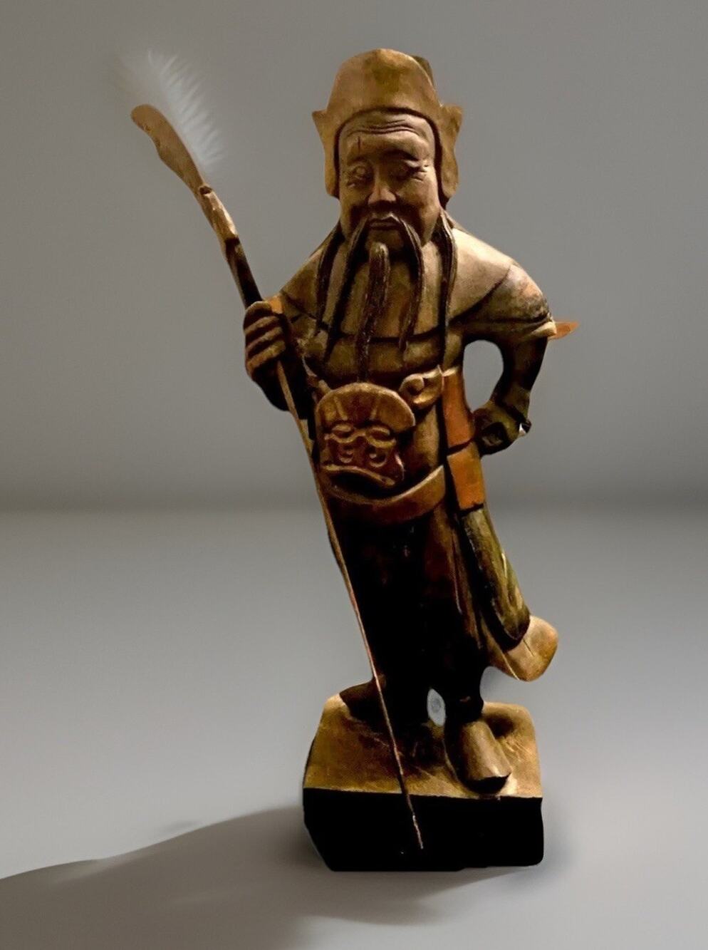 Antique Warrior God Guan Gong/Yu Painted Chinese Carved Wood w/Guandao 18.5"R4